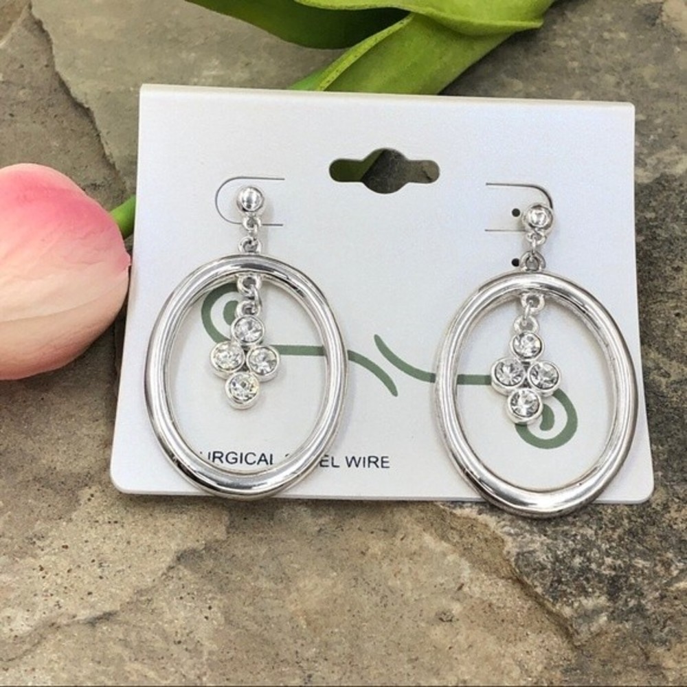 🍀 Silver Tone Oval Simple Dangle Earrings